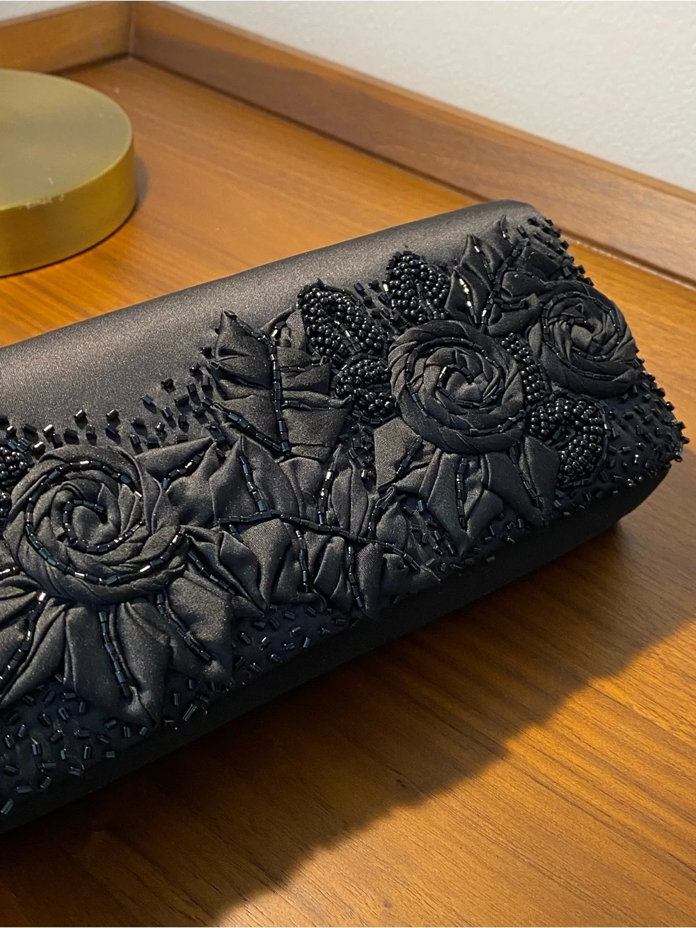 Black Floral Appliqué Evening Clutch with Chain Strap